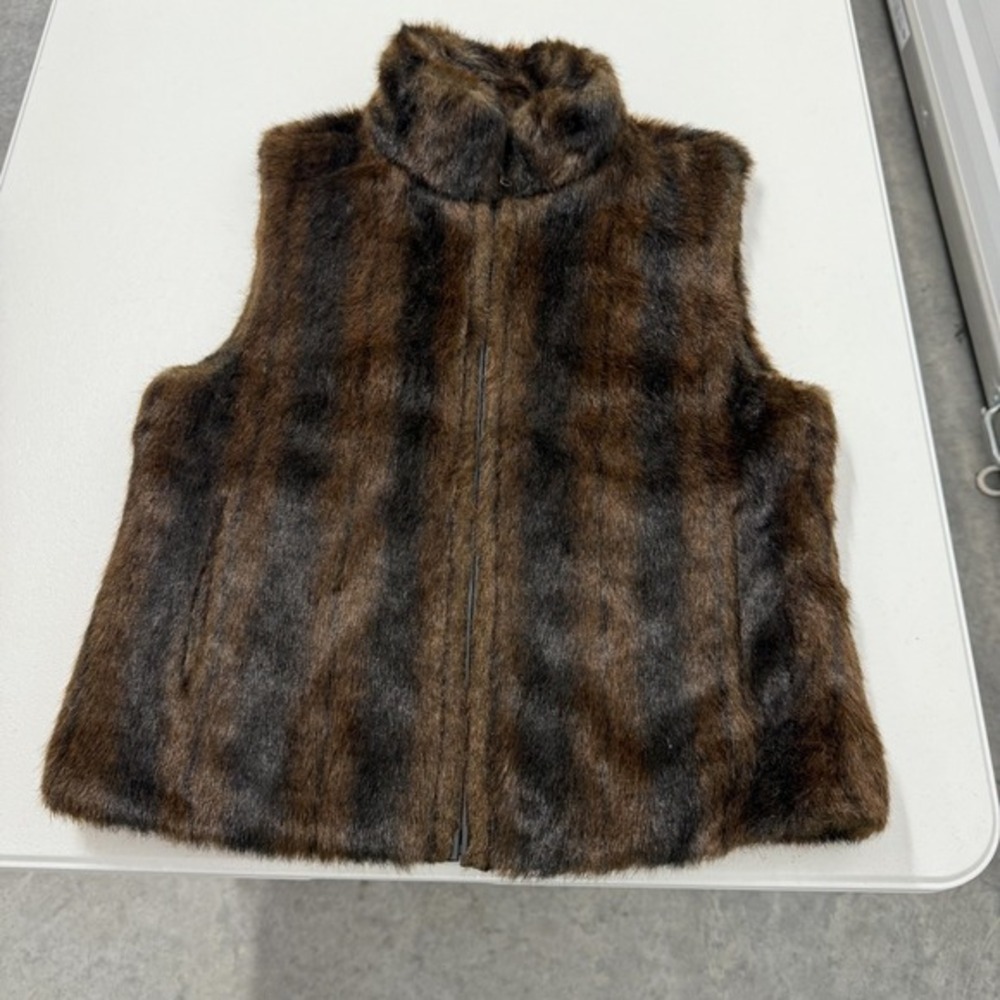FU DA Faux Fur Reversible Vest Brown Black Zip Up Collar Women's Size‎ S
